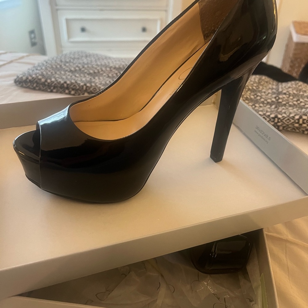 Jessica Simpson Black Patent Peep-Toe Stilettos